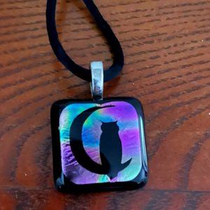 Cat and Moon Pendant Necklace, Dichroic Glass